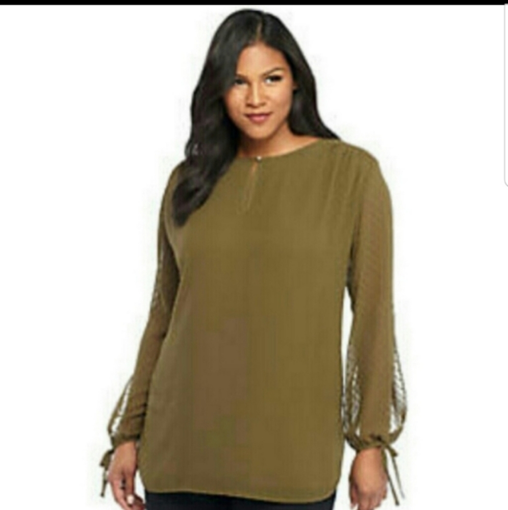3X Sheer Sleeve Olive Blouse